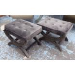 FOOTSTOOLS, a pair, buttoned tops in grey velvet on x frame with brass studs,