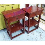 ASIAN SIDE TABLES, a pair, red/brown lacquered, 65cm W x 38cm D x 73cm H.