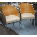 'ALEPH' TUB CHAIRS, a pair, Philippe Starck bent plywood, chrome supports and leather seats, 60cm W.