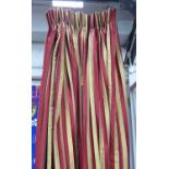 CURTAINS, a pair, gold and burgundy striped, lined and interlined with associated swags,