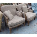 BERGERES, a pair, with French postal script upholstery, each 78cm W.