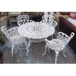 GARDEN SET, weathered white painted metal, 106cm W and four chairs.