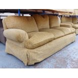 KINGCOME SOFA, three seater, in gold patterned upholstery, 225cm W.