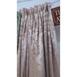 CURTAINS, a pair, damask, lined and interlined, each curtain 92cm W gathered x 267cm Drop.