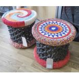 BAMILEKE, a pair of glass beaded and carved wood stools.