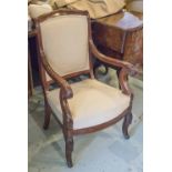 FAUTEUILS, a pair, 19th century French Charles X mahogany newly upholstered in ecru linen, 57cm W.