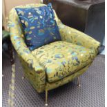 1960's EASY CHAIR, recovered with geometric design fabric with cushion, 72cm W.