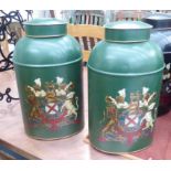 TOLEWARE STYLE TEA URNS, a pair, with vintage armorial design, 46cm H.