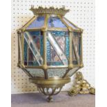 HANGING LANTERN, late Victorian brass and leaded glass of octagonal form, 40cm H x 27cm.
