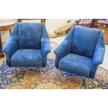 ARMCHAIRS, a pair, 1950's design in royal blue velvet on brass legs, 85cm W.