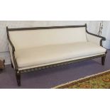 SOFA, Regency design ebonised framed with cream upholstery, 223cm L x 95cm H.