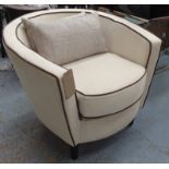 ARMCHAIR, cream of curved form with brown piped details, 85cm W.