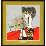 PABLO PICASSO 'Jacqueline seated', rare textile, 76cm x 76cm, framed and glazed.