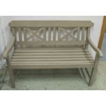 GARDEN BENCH, grey painted with trellis back, 128cm W.