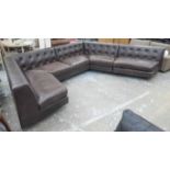 CORNER SOFA, brown leather with buttoned back in five sections, 82cm H x 290cm x 42cm.