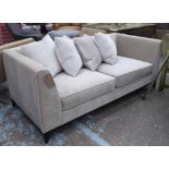 BESPOKE SOFA, two seater, in light grey fabric on ebonised supports,190cm L.