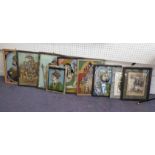 VARIOUS INDIAN PICTURES ON GLASS, and a miniature painting.