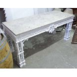 CHIPPENDALE MANNER CONSOLE TABLE, with a rectangular marble top and a white painted base,