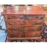 CHEST, George I red Japanned and gilt decorated with two short over three long drawers,