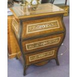 BOMBE COMMODE, 19th century Italian walnut, tulipwood and ivory marquetry with three drawers,