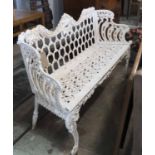 ROSE GARDEN PATTERN BENCH, white painted cast iron after Kramer Bros, 150cm W.