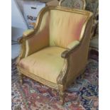 BERGERE, 19th century French giltwood in gold satin, 70cm W.