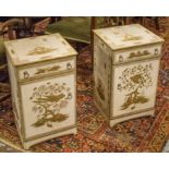 BEDSIDE CABINETS, a pair, silver white and gilt Chinoiserie decorated with drawer and cupboard,