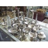 SILVER CANDLESTICK, various posy vases, stud box tray, salts and inkwork.