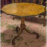 PEDESTAL TABLE, early Victorian satinwood and inlaid with decagonal tilt top, 86cm W x 71cm H.