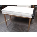 CONSOLE TABLE, with two drawers white lacquered top on turned supports, 105cm x 44cm x 79cm H.