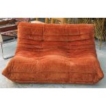 LIGNE ROSET TOGO SOFA, by Michael Ducaroy in orange/red velvet cord, 135cm W.