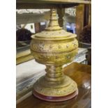 ANTIQUE PRAYER WHEEL, Burmese, gilded and set with various coloured glass stones, 70cm H.