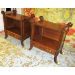 BEDSIDE CABINETS, a pair, Chippendale style mahogany,