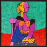 PABLO PICASSO 'Seated Woman', textile, 81cm x 81cm, framed and glazed.