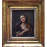 17th CENTURY SCHOOL 'Portrait of a Lady Holding an Urn', oil on board, 12.5cm x 11cm, framed.