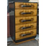 TALL CHEST, mid 20th century, American birchwood and ebonised of five long drawers,