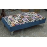 HEARTH STOOL, geometric patterned and blue velvet upholstered on chrome supports, 114cm W x 67cm D.