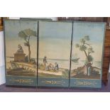 TWO TRIPTYCH SCREENS, 19th century Gouache Neapolitan scene depicting figures on a beach with fish,