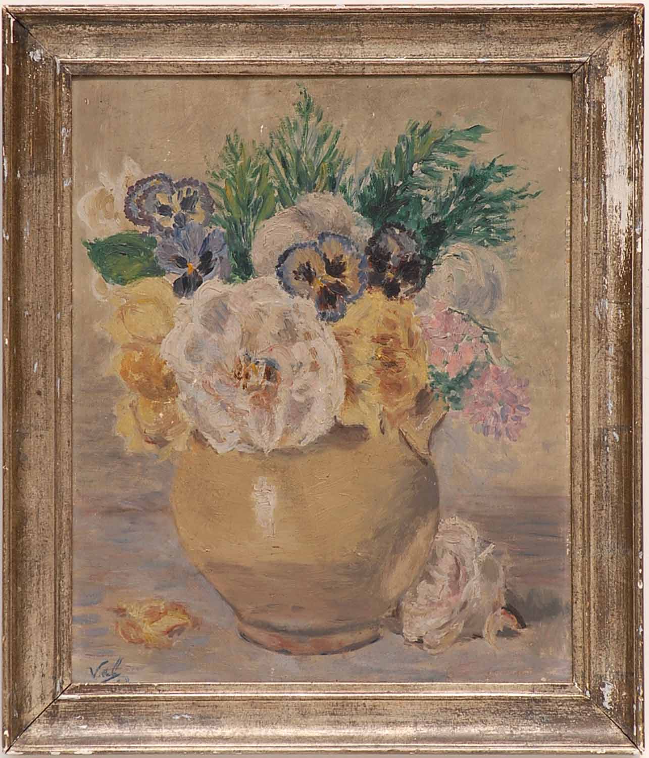 20th CENTURY FRENCH SCHOOL 'Flowers in Olive Pot', oil on board, signed indistinctly lower left,