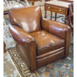 CLUB ARMCHAIRS, a pair, Art Deco style and hand finished leaf brown leather upholstered.