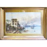 19th CENTURY SCHOOL 'Coastal Scene with Fishermen at Work and Italian Town Silhouette in the