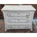 COMMODE, 19th century French Napoleon III traditionally grey painted with three long drawers,