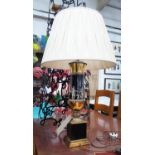 HECTOR FINCH DECOUPAGE TABLE LAMP, with plated silk shade, 82cm H.