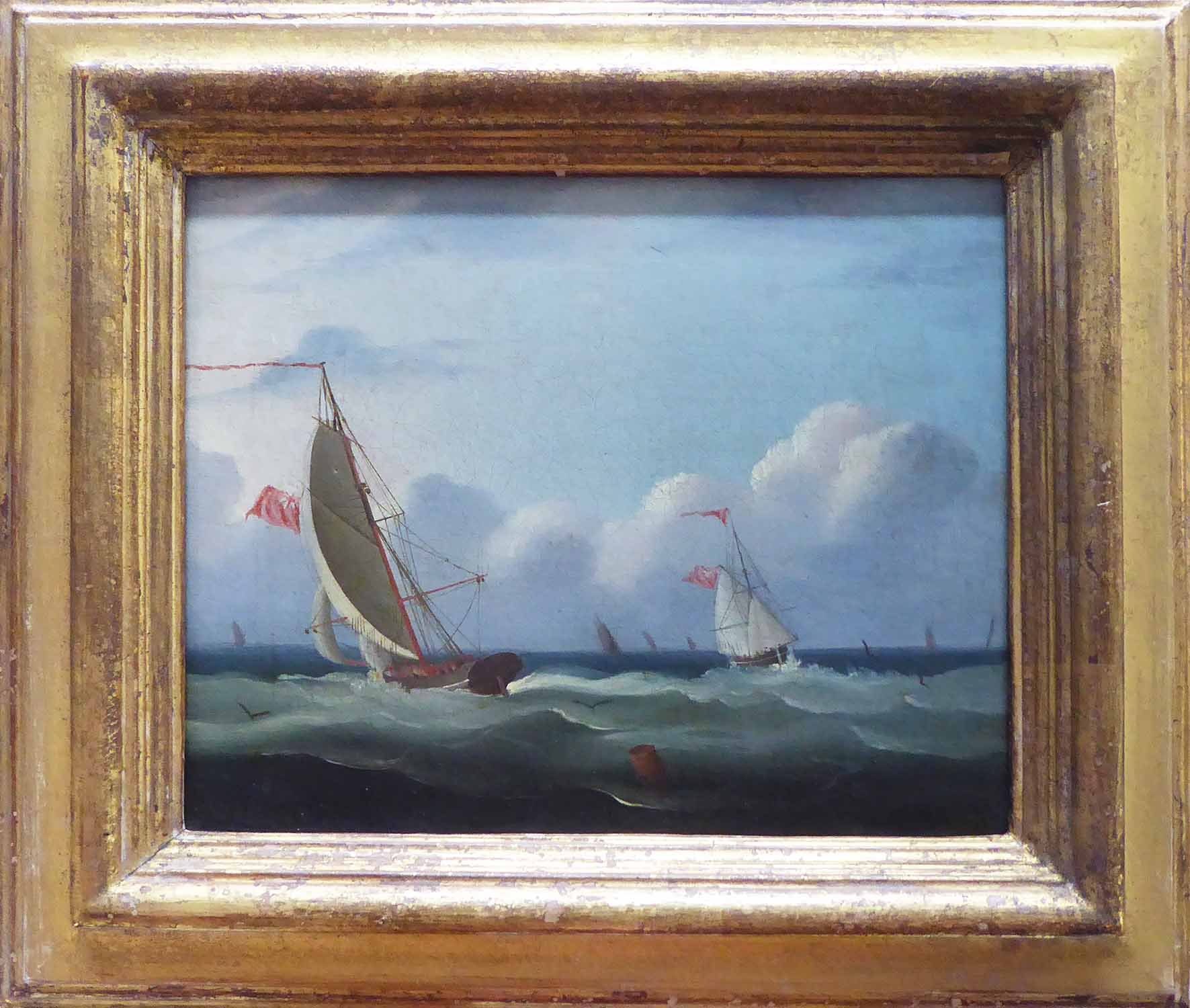 19th CENTURY SCHOOL 'Sailships at Sea', oil on canvas, 20cm x 24cm, framed.