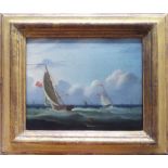 19th CENTURY SCHOOL 'Sailships at Sea', oil on canvas, 20cm x 24cm, framed.