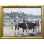 MAX BERGMANN (German 1884-1955) 'Herdsman Taking the Cattle to Water', oil on board,