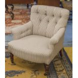 GILLOW ARMCHAIR, Victorian walnut in ticking upholstery, back legs stamped, 77cm W.