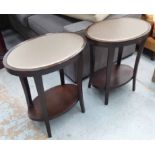 SIDE TABLES, a pair, oval with silvered fabric top, 60cm x 40cm x 66cm H.