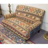 SOFA, kilim and blue velvet upholstered, 144cm x 94cm.