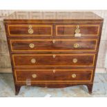 CHEST, Regency flame mahogany and satinwood crossbanded with two short and three long drawers,
